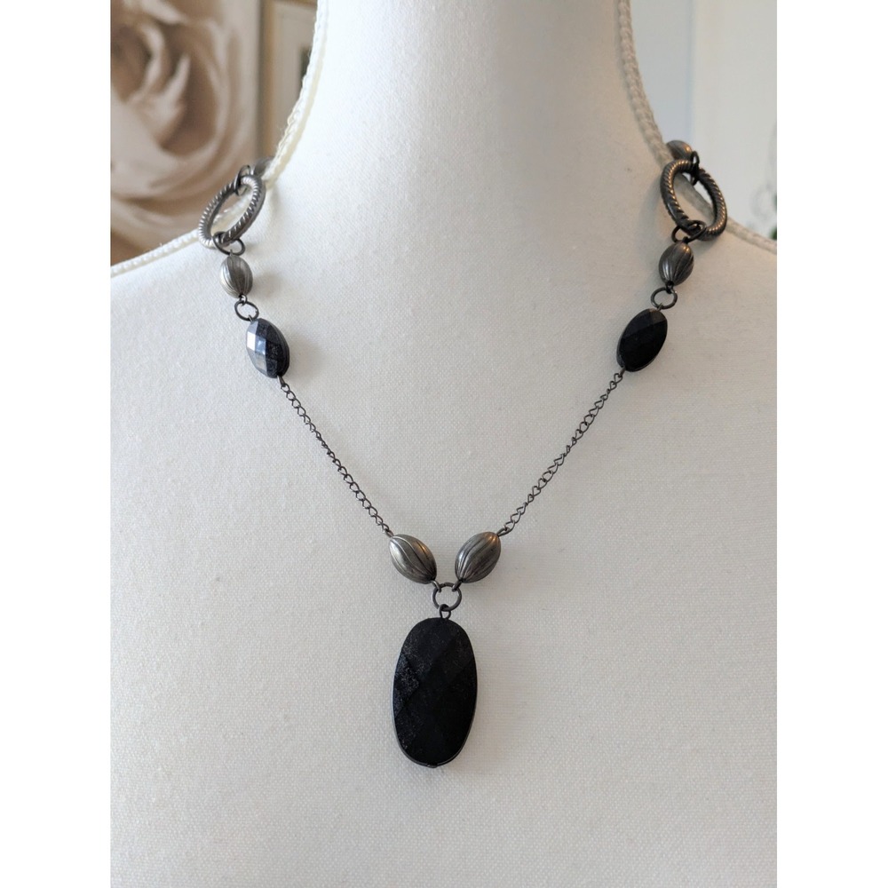 Gunmetal Tone Pendant Necklace Black Drop Beads Grunge Gothic Chunky Statement